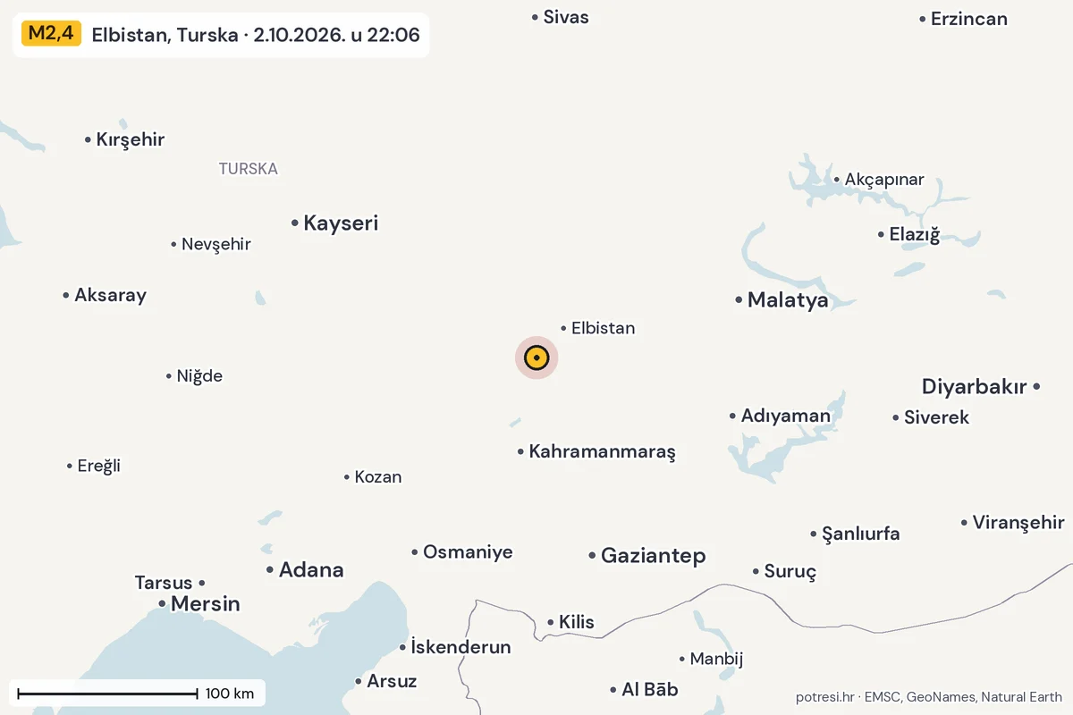 Karta: šire područje, 600 km, potres M2,4, Elbistan, Turska, 2.10.2026.