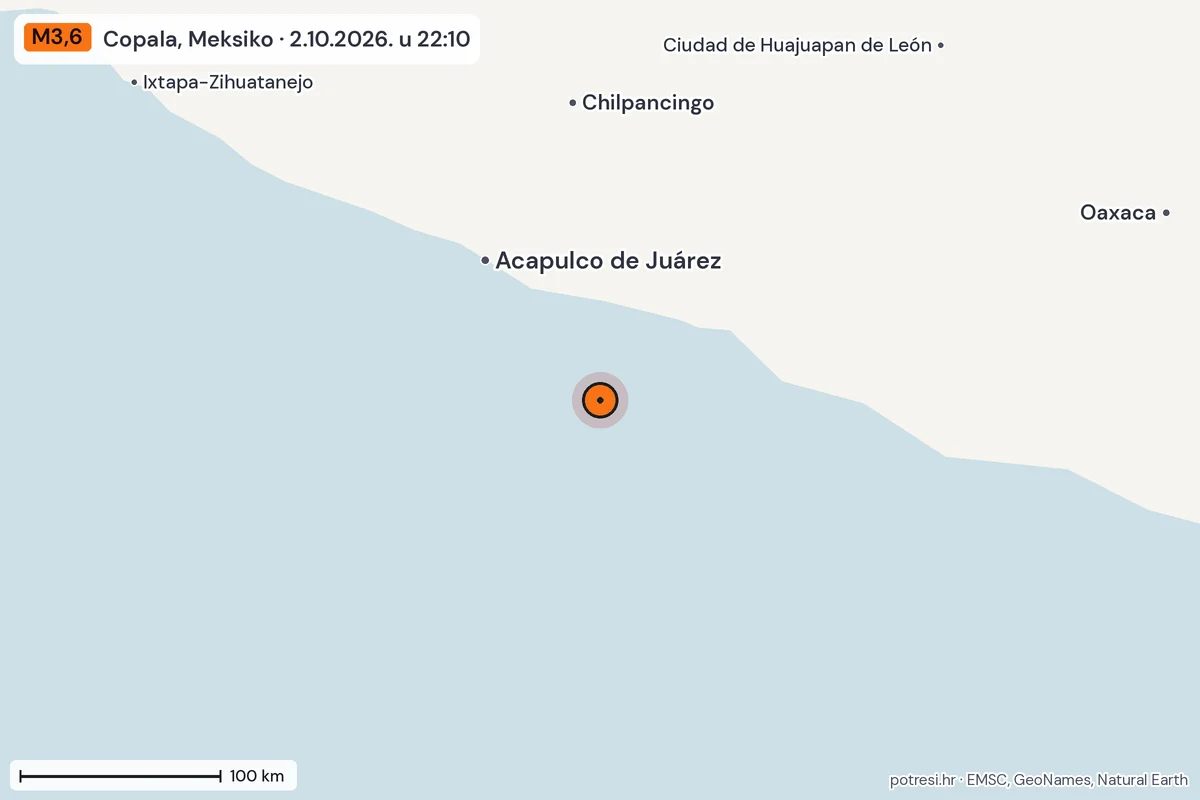 Karta: šire područje, 600 km, potres M3,6, Copala, Meksiko, 2.10.2026.