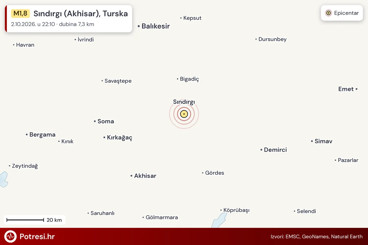 Karta: šire područje i vjerojatni doseg osjeta, potres M1,8, Sındırgı (Akhisar), Turska, 2.10.2026.