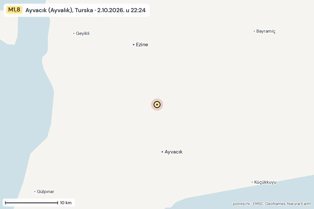 Karta: okolica epicentra, 60 km, potres M1,8, Ayvacık (Ayvalık), Turska, 2.10.2026.