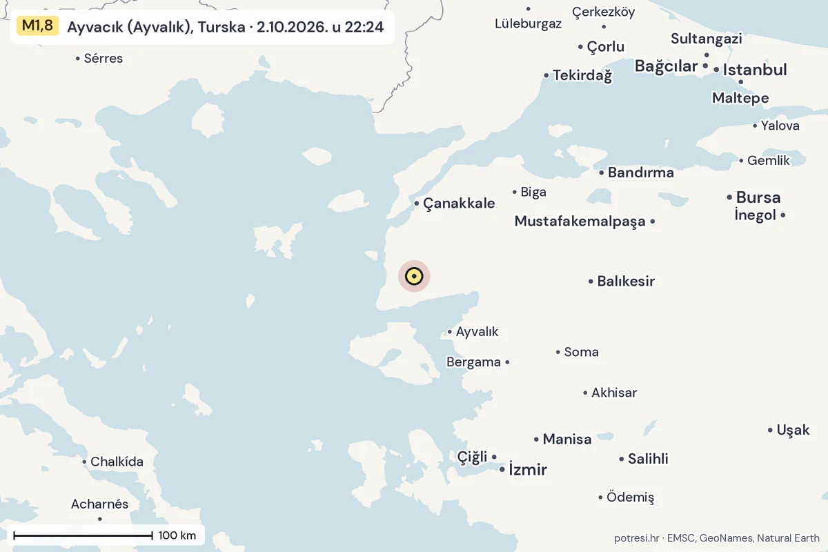 Karta: šire područje, 600 km, potres M1,8, Ayvacık (Ayvalık), Turska, 2.10.2026.