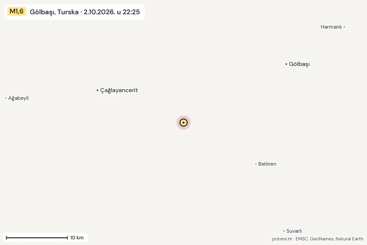 Karta: okolica epicentra, 60 km, potres M1,6, Gölbaşı, Turska, 2.10.2026.