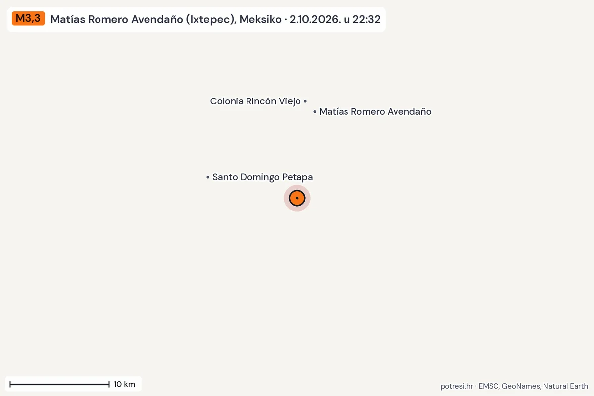 Karta: okolica epicentra, 60 km, potres M3,3, Matías Romero Avendaño (Ixtepec), Meksiko, 2.10.2026.
