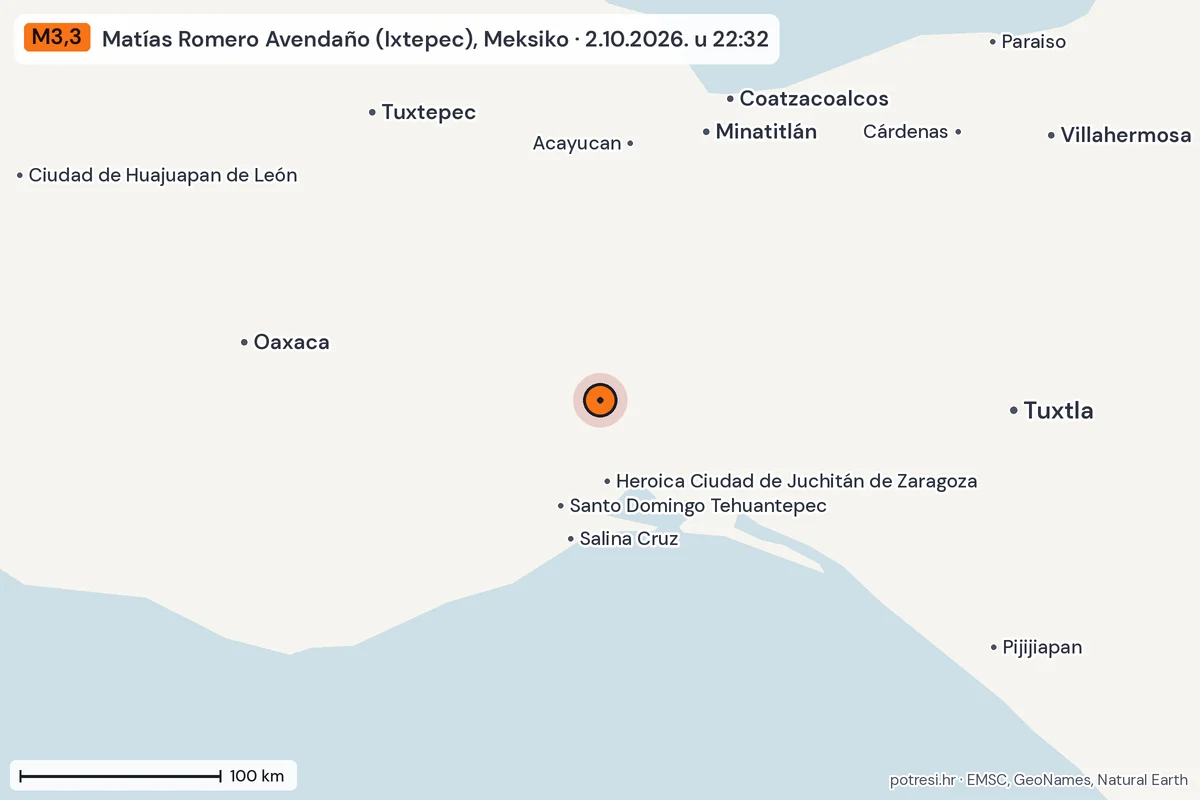Karta: šire područje, 600 km, potres M3,3, Matías Romero Avendaño (Ixtepec), Meksiko, 2.10.2026.