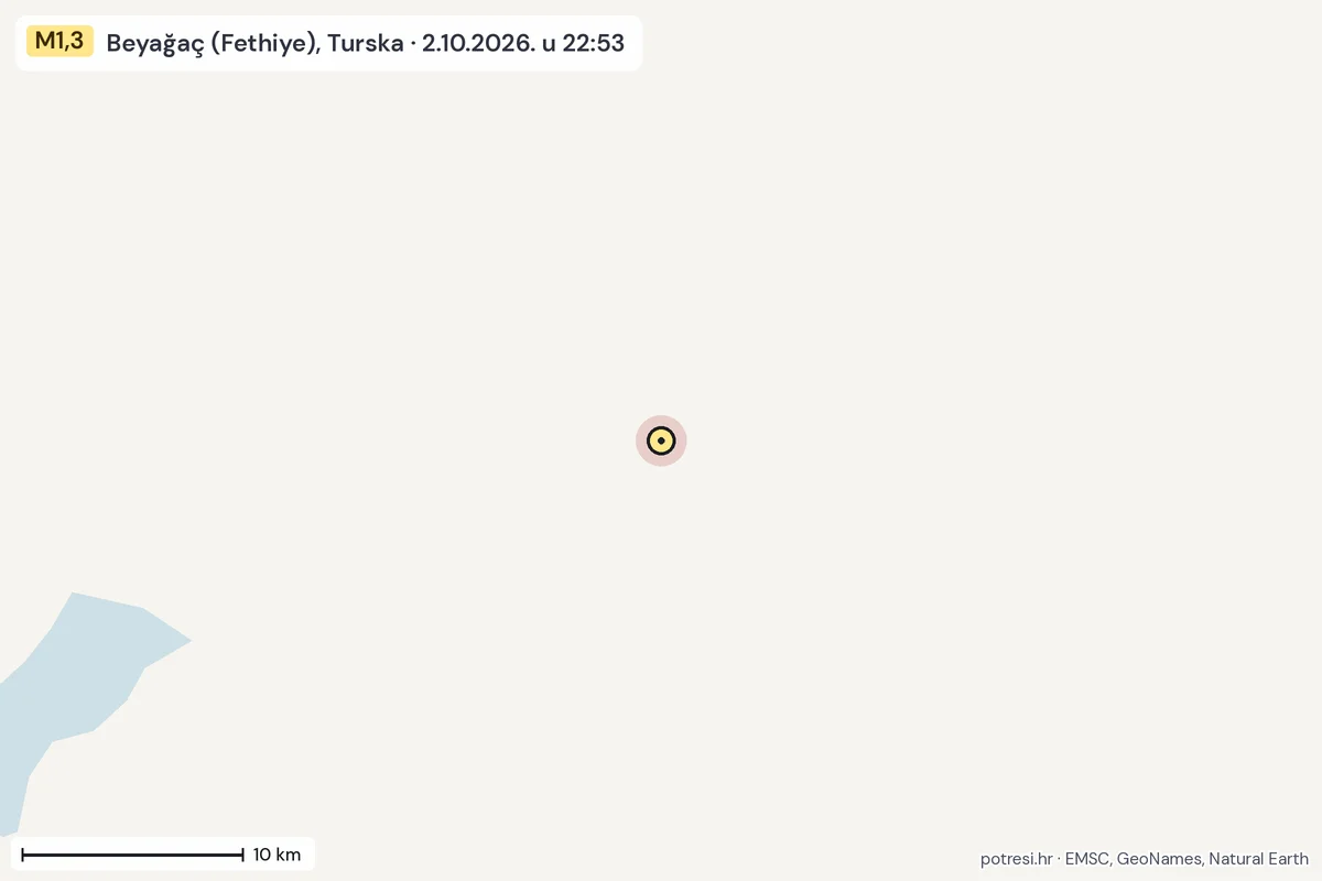 Karta: okolica epicentra, 60 km, potres M1,3, Beyağaç (Fethiye), Turska, 2.10.2026.