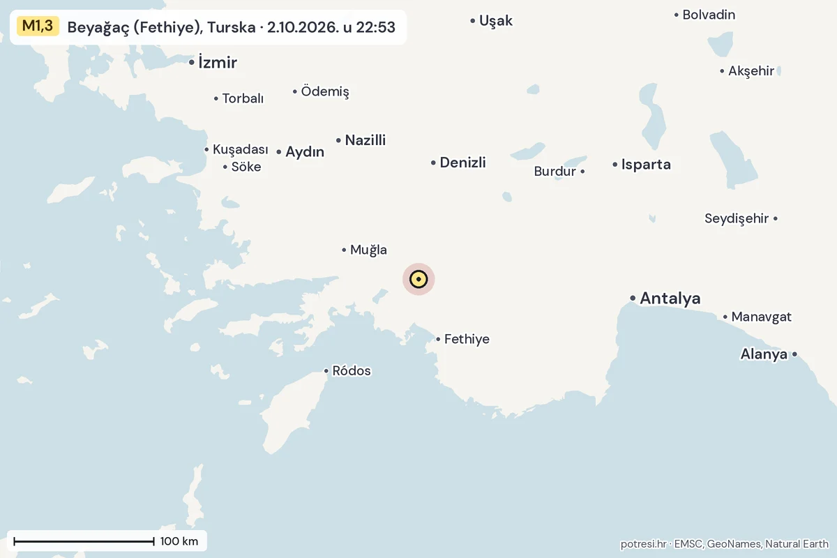 Karta: šire područje, 600 km, potres M1,3, Beyağaç (Fethiye), Turska, 2.10.2026.