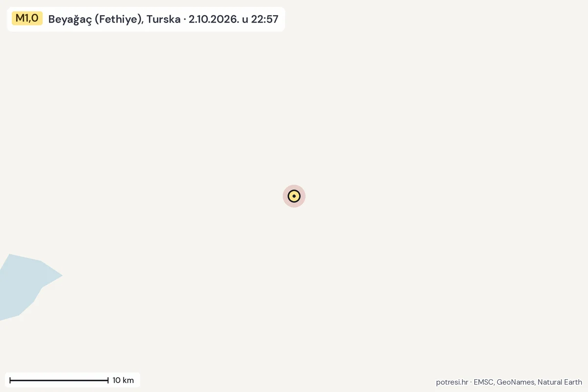 Karta: okolica epicentra, 60 km, potres M1,0, Beyağaç (Fethiye), Turska, 2.10.2026.