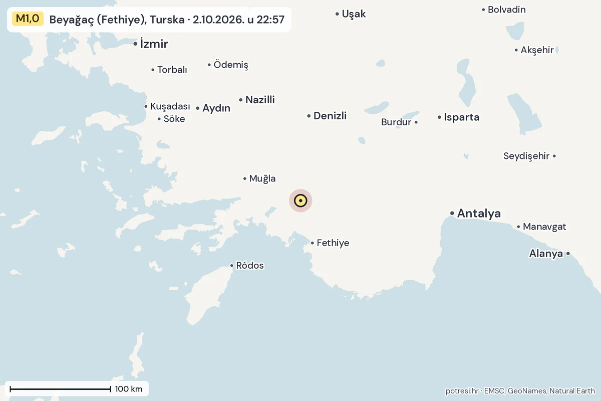 Karta: šire područje, 600 km, potres M1,0, Beyağaç (Fethiye), Turska, 2.10.2026.