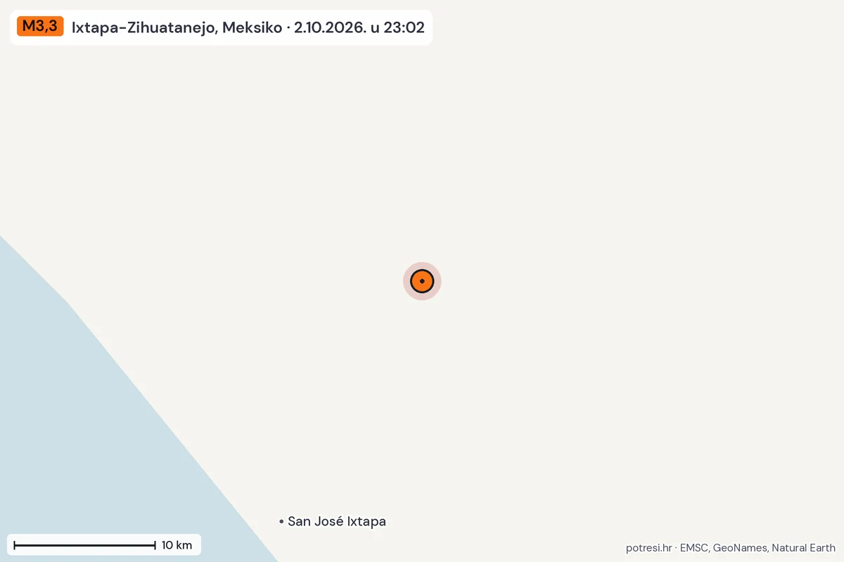 Karta: okolica epicentra, 60 km, potres M3,3, Ixtapa-Zihuatanejo, Meksiko, 2.10.2026.