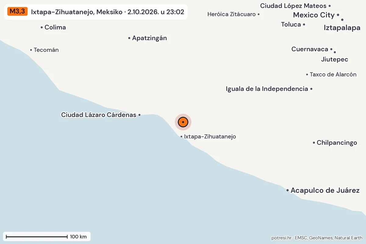 Karta: šire područje, 600 km, potres M3,3, Ixtapa-Zihuatanejo, Meksiko, 2.10.2026.
