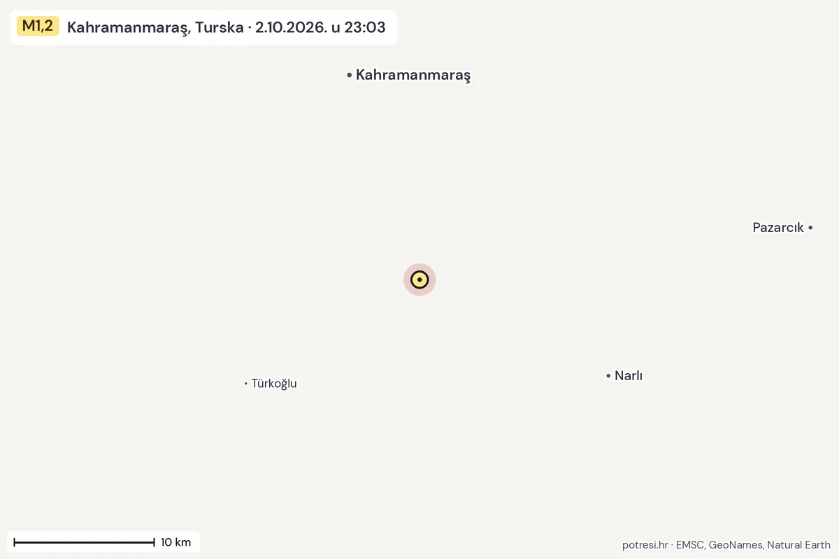 Karta: okolica epicentra, 60 km, potres M1,2, Kahramanmaraş, Turska, 2.10.2026.