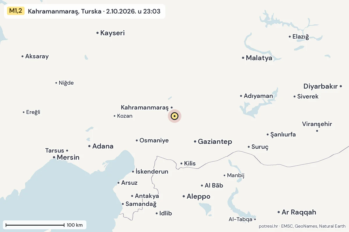 Karta: šire područje, 600 km, potres M1,2, Kahramanmaraş, Turska, 2.10.2026.