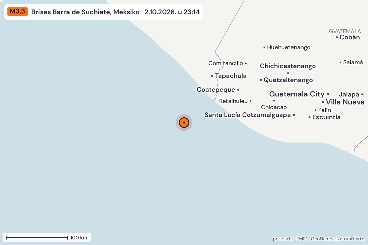 Karta: šire područje, 600 km, potres M3,3, Brisas Barra de Suchiate, Meksiko, 2.10.2026.