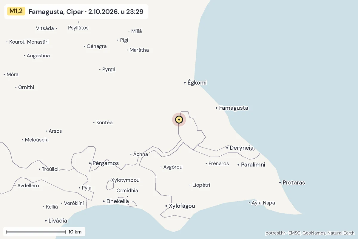 Karta: okolica epicentra, 60 km, potres M1,2, Famagusta, Cipar, 2.10.2026.