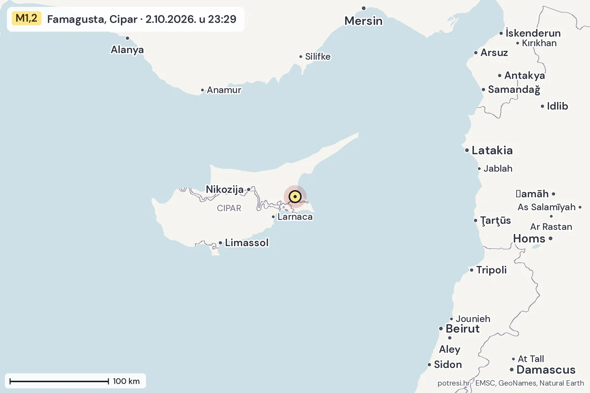 Karta: šire područje, 600 km, potres M1,2, Famagusta, Cipar, 2.10.2026.