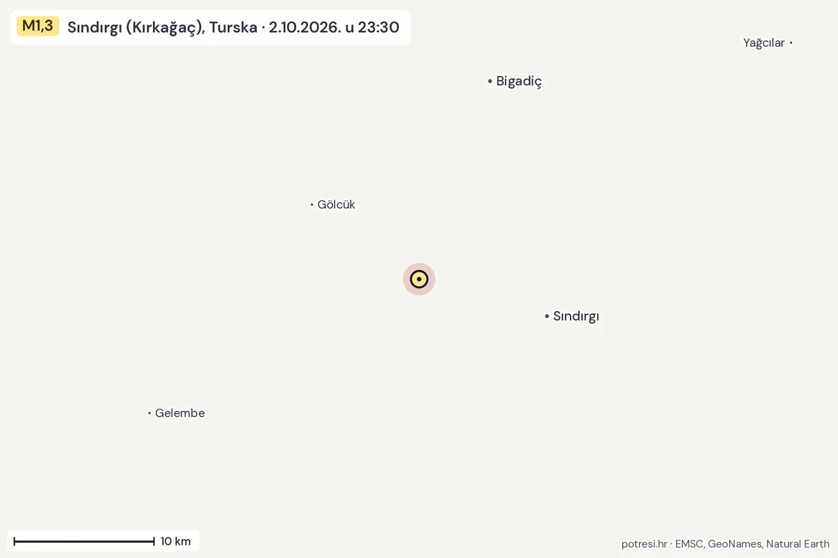 Karta: okolica epicentra, 60 km, potres M1,3, Sındırgı (Kırkağaç), Turska, 2.10.2026.