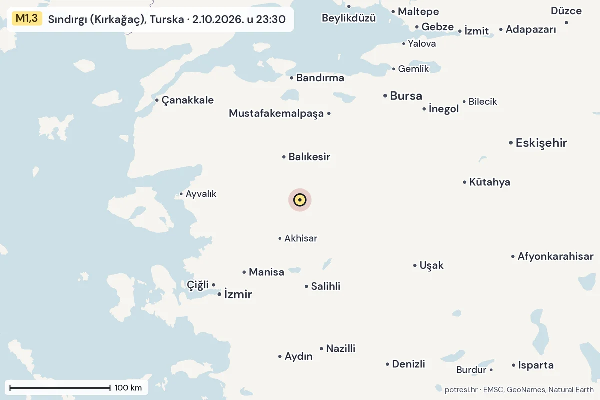 Karta: šire područje, 600 km, potres M1,3, Sındırgı (Kırkağaç), Turska, 2.10.2026.