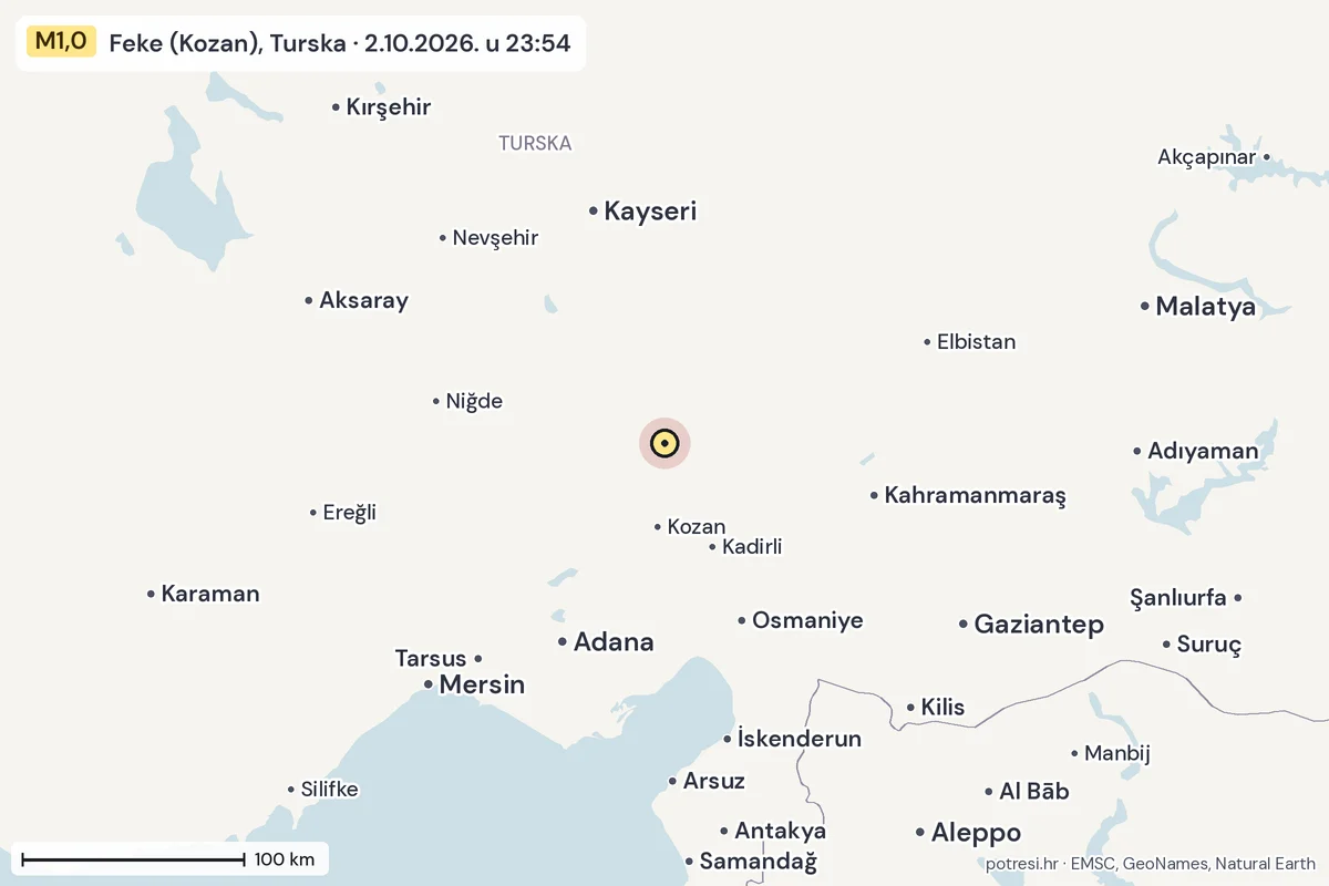 Karta: šire područje, 600 km, potres M1,0, Feke (Kozan), Turska, 2.10.2026.