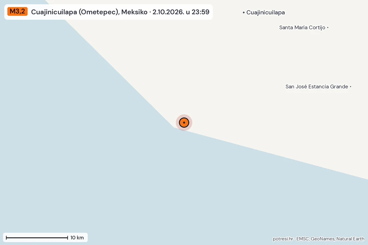 Karta: okolica epicentra, 60 km, potres M3,2, Cuajinicuilapa (Ometepec), Meksiko, 2.10.2026.