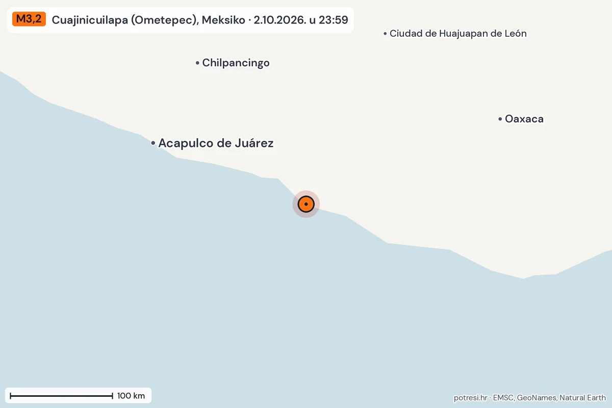 Karta: šire područje, 600 km, potres M3,2, Cuajinicuilapa (Ometepec), Meksiko, 2.10.2026.