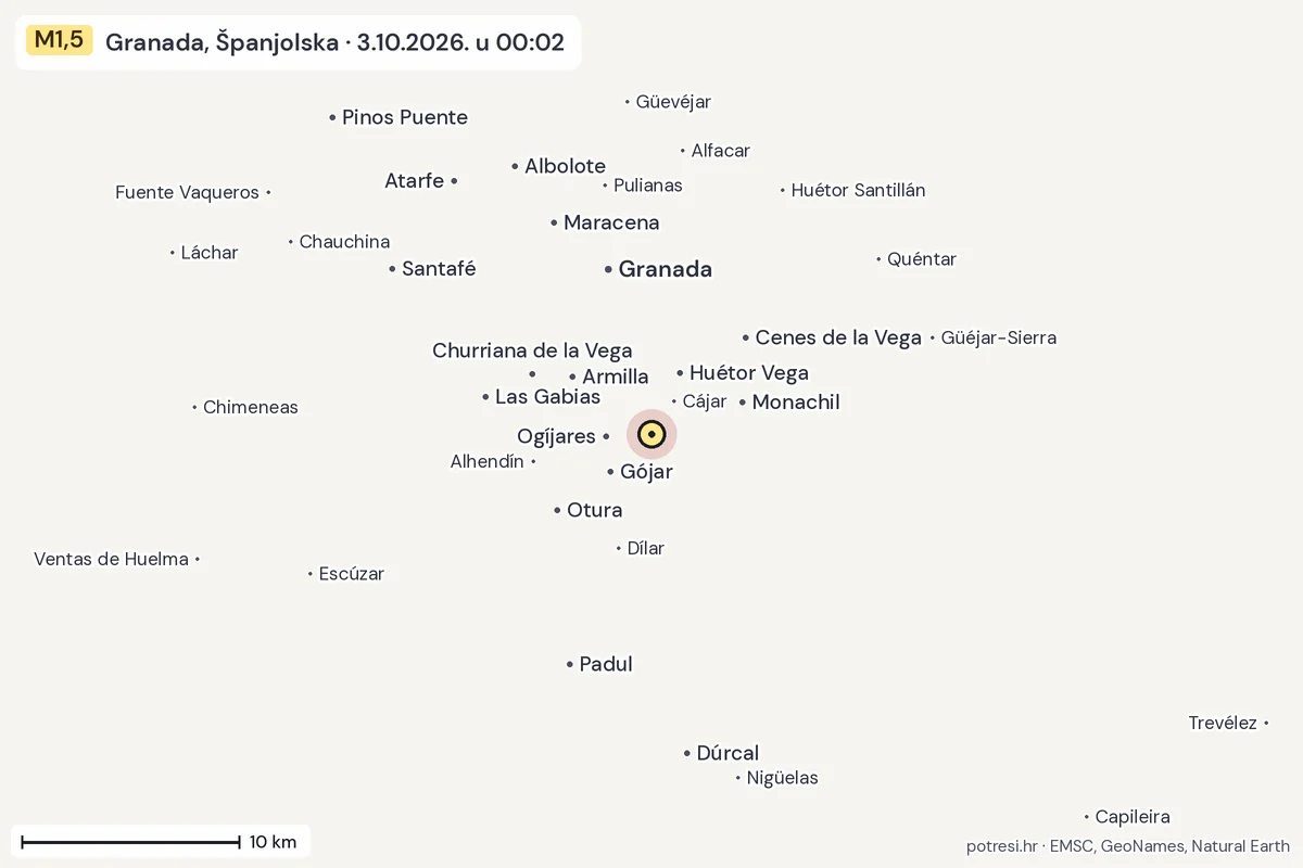 Karta: okolica epicentra, 60 km, potres M1,5, Granada, Španjolska, 3.10.2026.