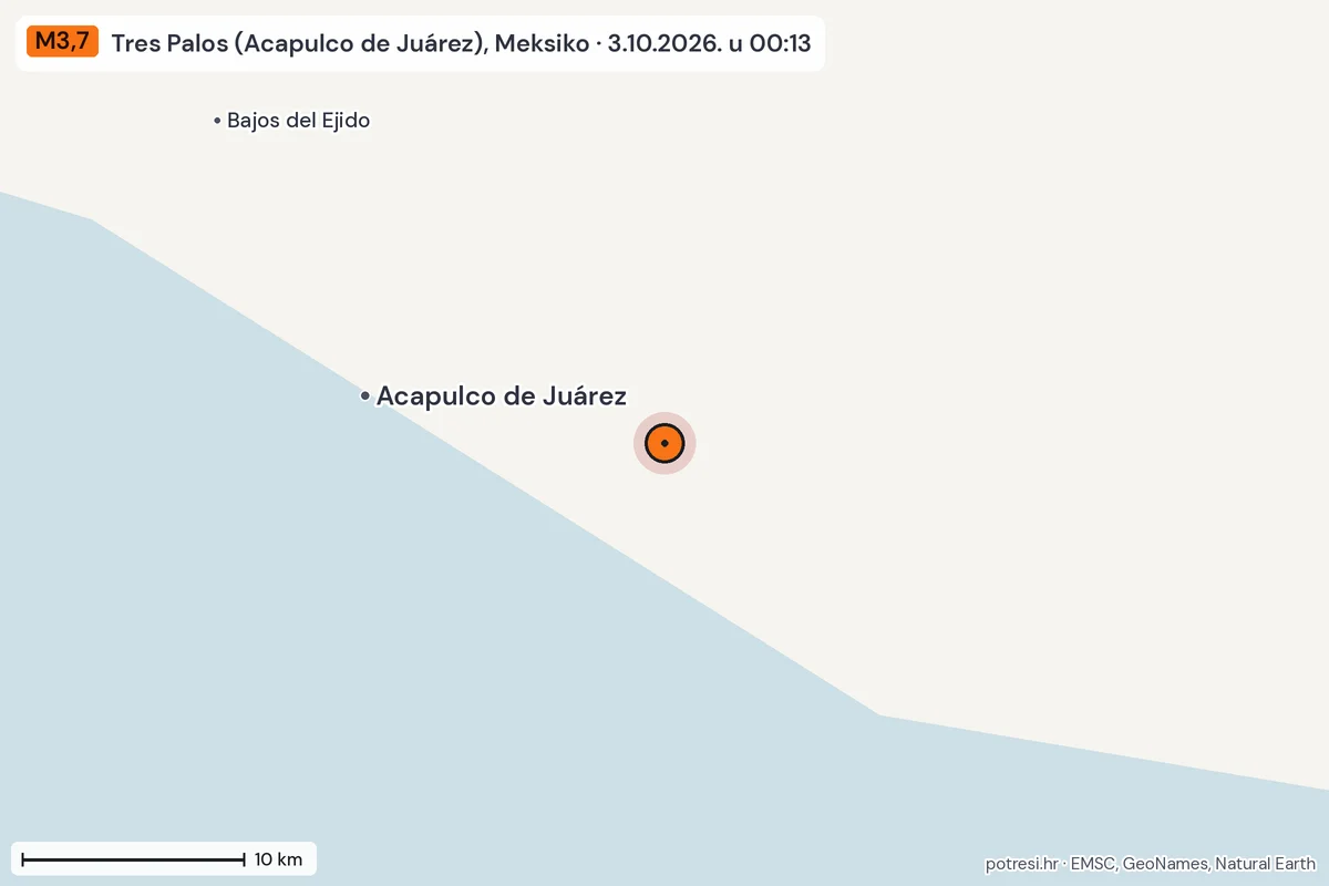 Karta: okolica epicentra, 60 km, potres M3,7, Tres Palos (Acapulco de Juárez), Meksiko, 3.10.2026.