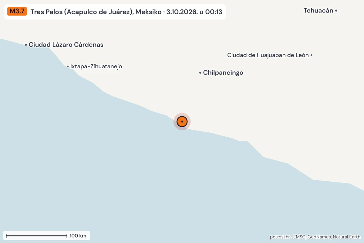 Karta: šire područje, 600 km, potres M3,7, Tres Palos (Acapulco de Juárez), Meksiko, 3.10.2026.