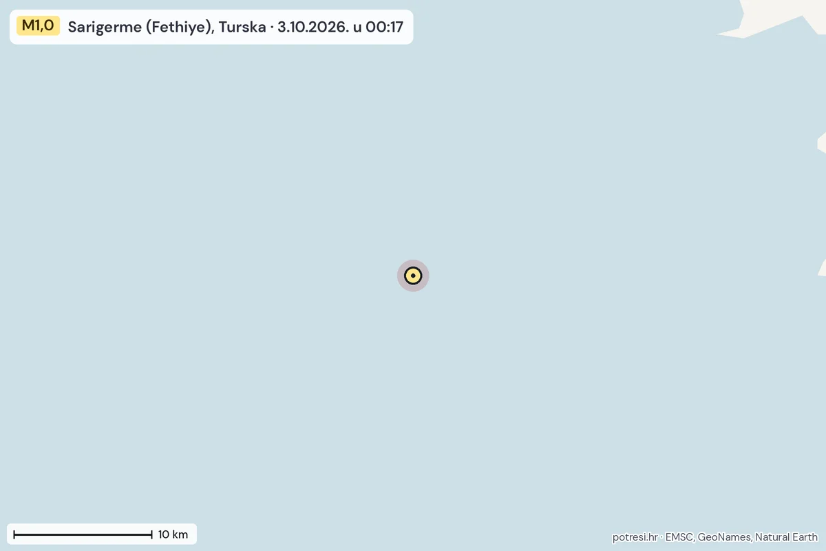 Karta: okolica epicentra, 60 km, potres M1,0, Sarigerme (Fethiye), Turska, 3.10.2026.