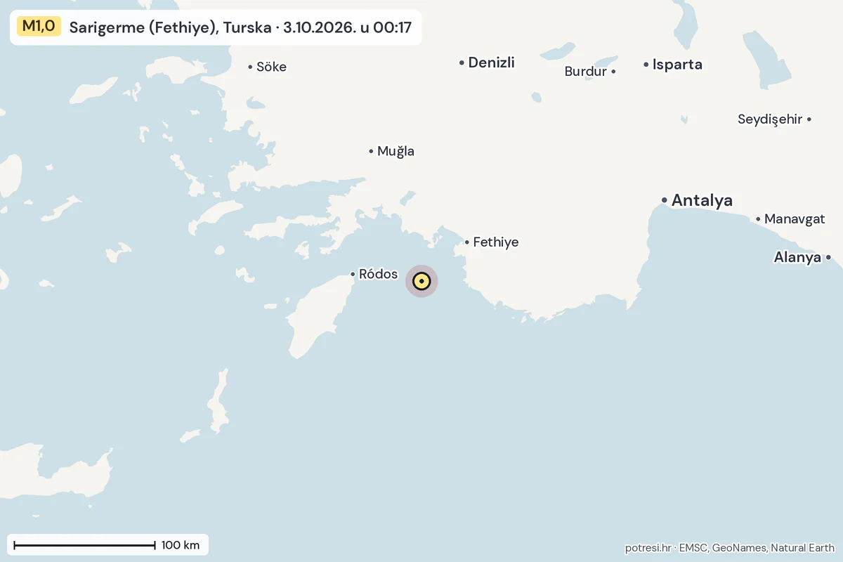 Karta: šire područje, 600 km, potres M1,0, Sarigerme (Fethiye), Turska, 3.10.2026.