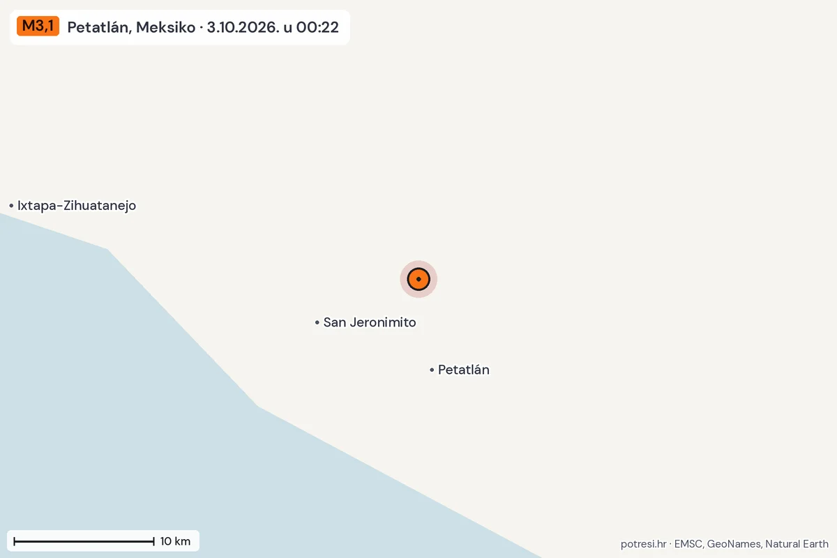 Karta: okolica epicentra, 60 km, potres M3,1, Petatlán, Meksiko, 3.10.2026.