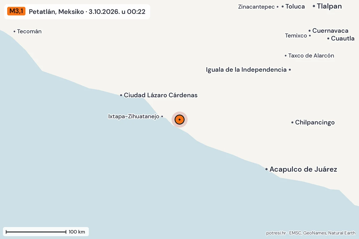 Karta: šire područje, 600 km, potres M3,1, Petatlán, Meksiko, 3.10.2026.