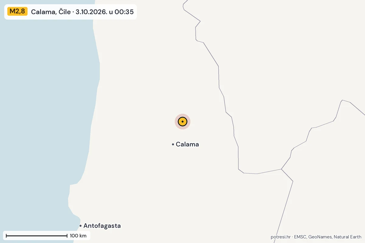 Karta: šire područje, 600 km, potres M2,8, Calama, Čile, 3.10.2026.