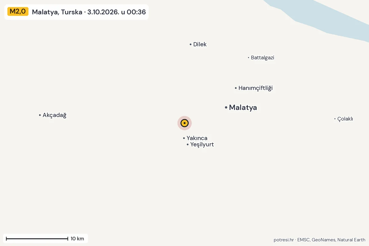 Karta: okolica epicentra, 60 km, potres M2,0, Malatya, Turska, 3.10.2026.