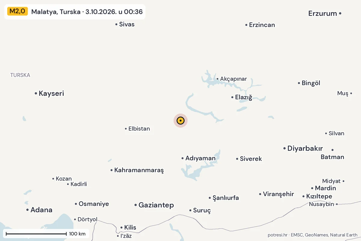 Karta: šire područje, 600 km, potres M2,0, Malatya, Turska, 3.10.2026.