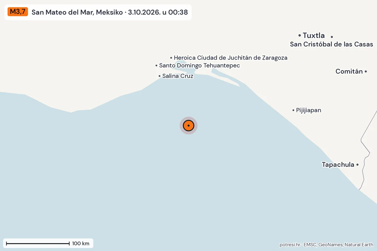 Karta: šire područje, 600 km, potres M3,7, San Mateo del Mar, Meksiko, 3.10.2026.