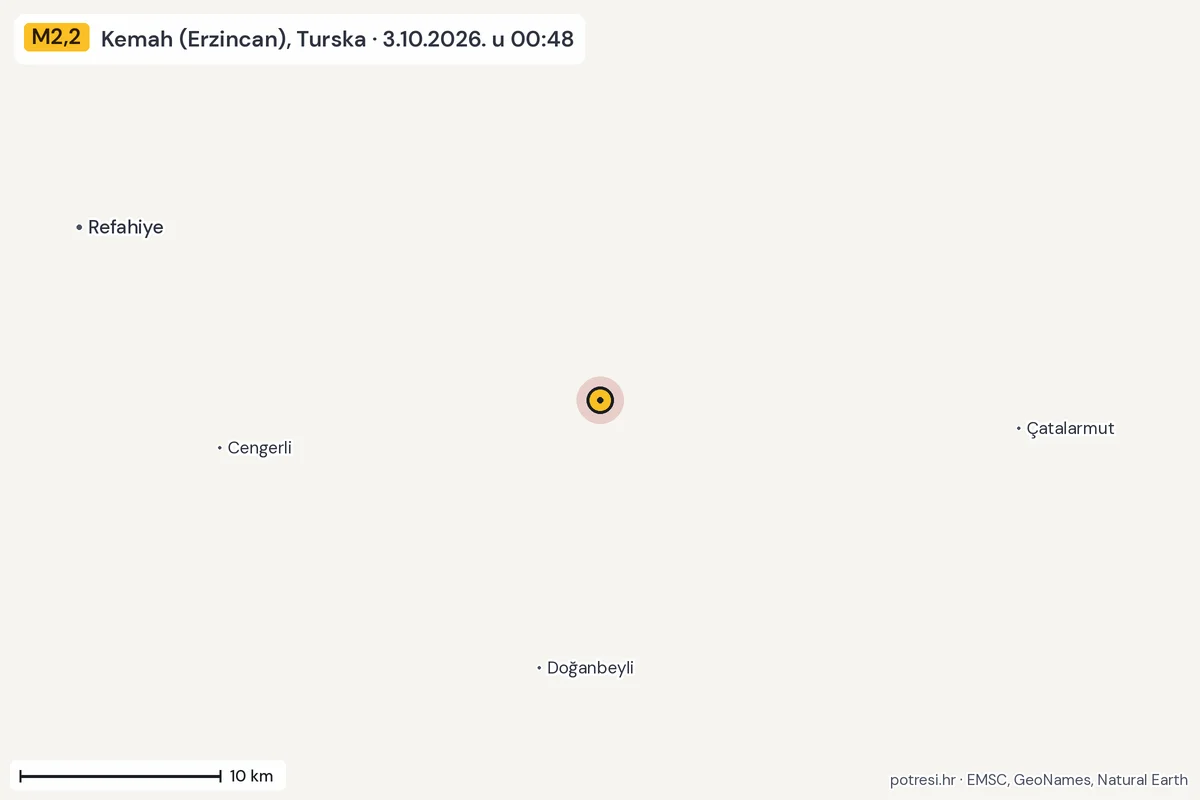 Karta: okolica epicentra, 60 km, potres M2,2, Kemah (Erzincan), Turska, 3.10.2026.