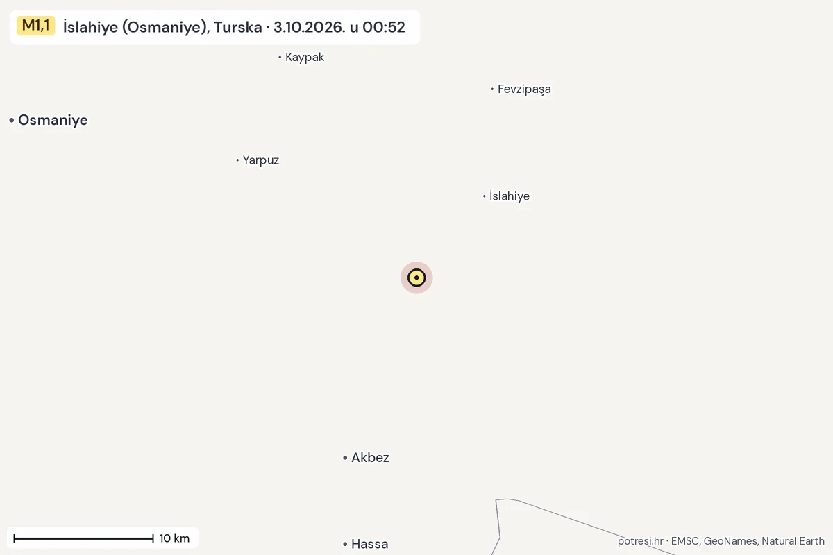 Karta: okolica epicentra, 60 km, potres M1,1, İslahiye (Osmaniye), Turska, 3.10.2026.