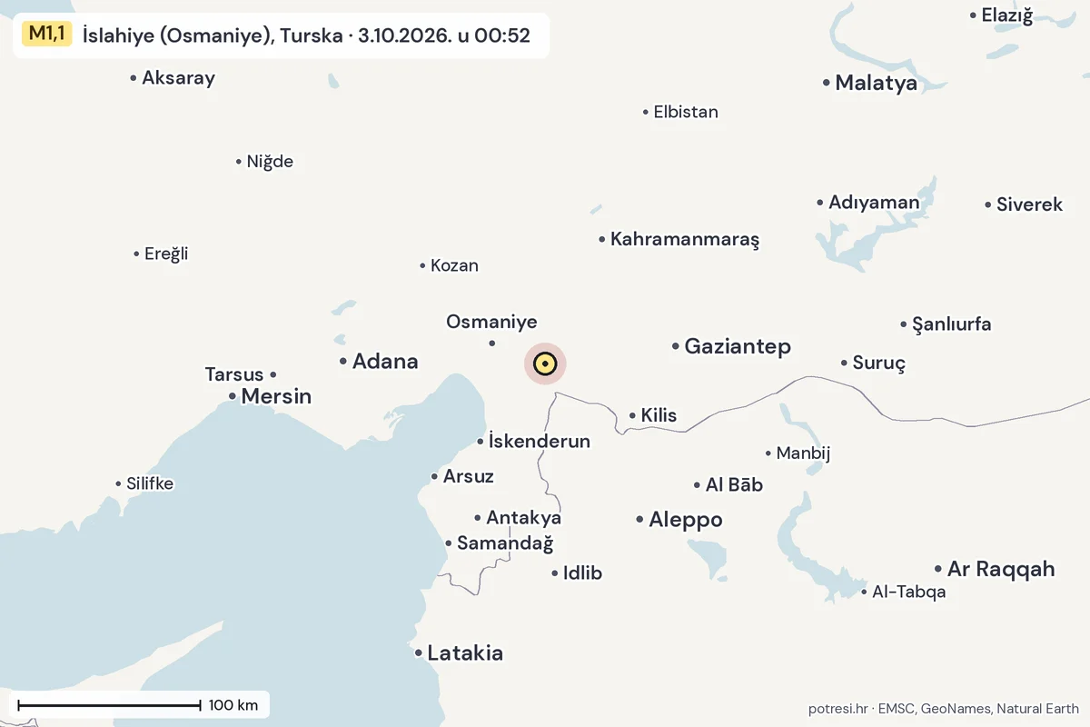 Karta: šire područje, 600 km, potres M1,1, İslahiye (Osmaniye), Turska, 3.10.2026.