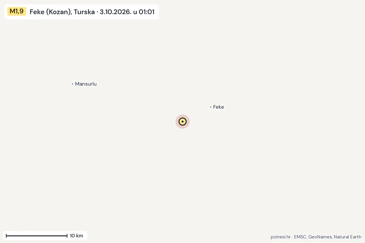 Karta: okolica epicentra, 60 km, potres M1,9, Feke (Kozan), Turska, 3.10.2026.