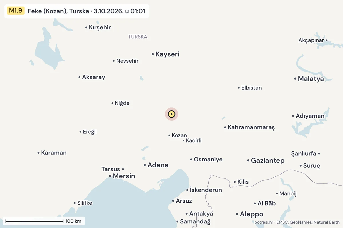 Karta: šire područje, 600 km, potres M1,9, Feke (Kozan), Turska, 3.10.2026.