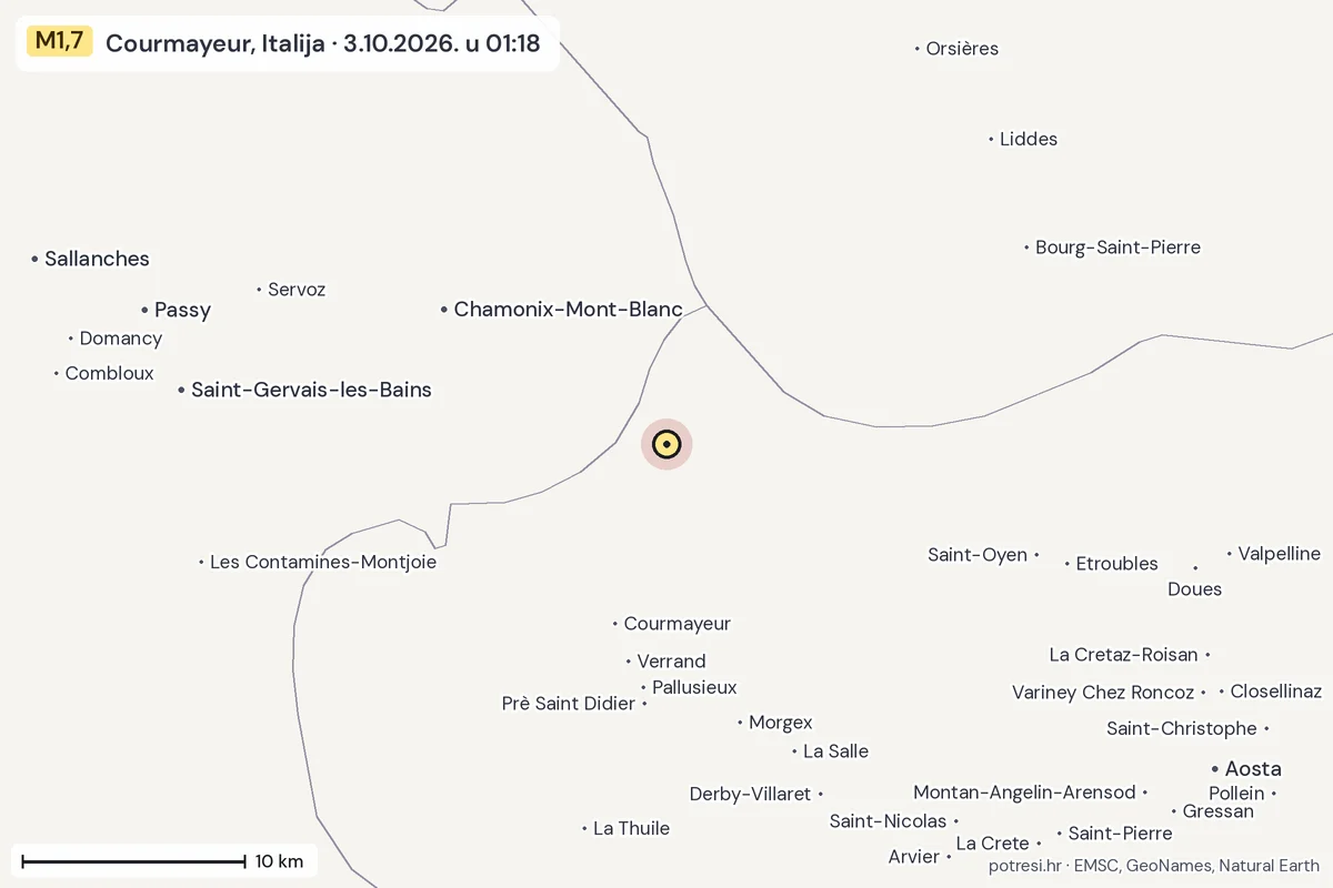 Karta: okolica epicentra, 60 km, potres M1,7, Courmayeur, Italija, 3.10.2026.