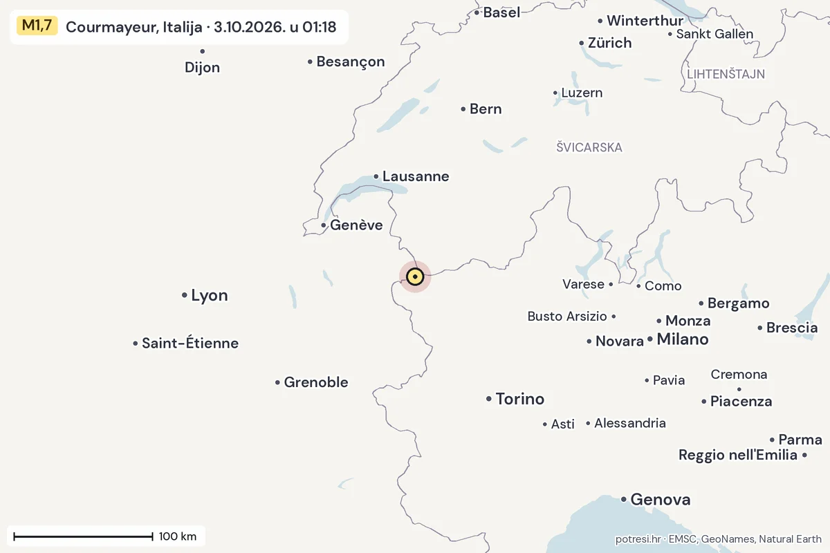 Karta: šire područje, 600 km, potres M1,7, Courmayeur, Italija, 3.10.2026.
