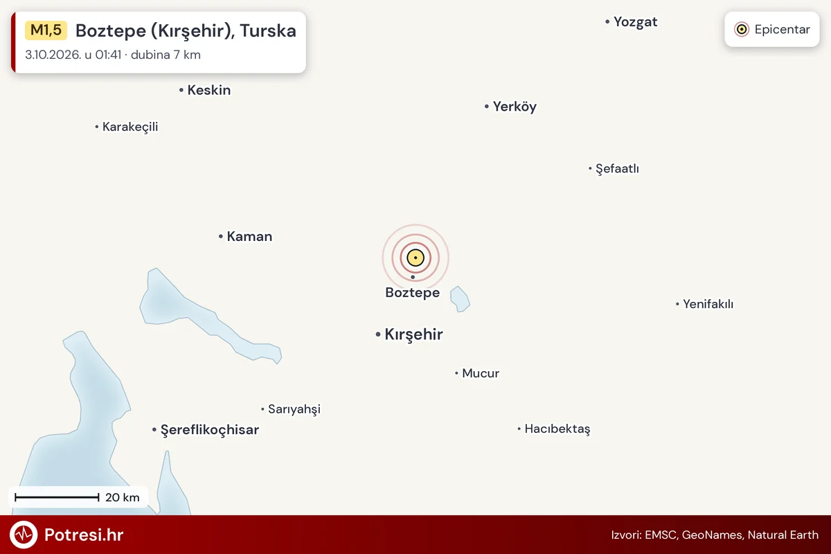 Karta: šire područje i vjerojatni doseg osjeta, potres M1,5, Boztepe (Kırşehir), Turska, 3.10.2026.