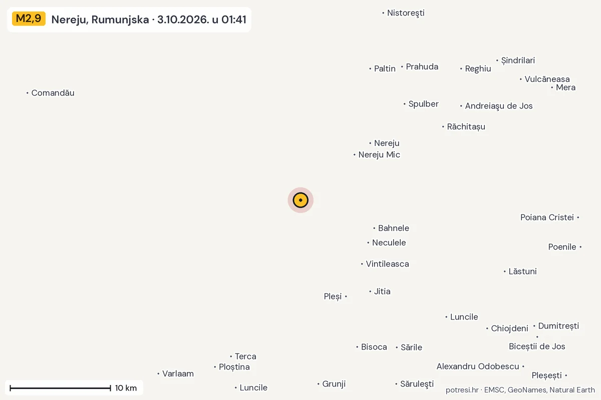 Karta: okolica epicentra, 60 km, potres M2,9, Nereju, Rumunjska, 3.10.2026.