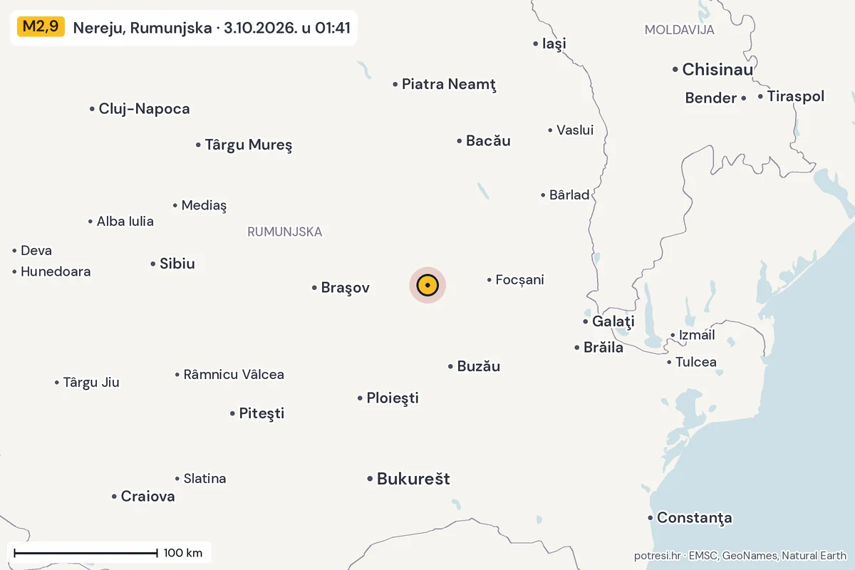 Karta: šire područje, 600 km, potres M2,9, Nereju, Rumunjska, 3.10.2026.