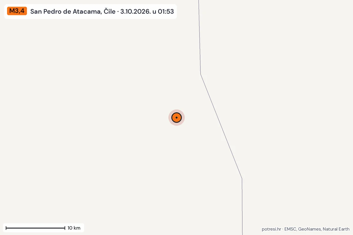 Karta: okolica epicentra, 60 km, potres M3,4, San Pedro de Atacama, Čile, 3.10.2026.