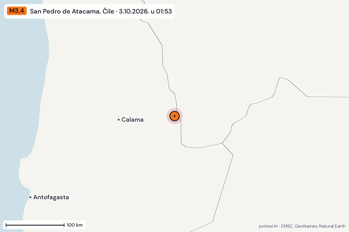 Karta: šire područje, 600 km, potres M3,4, San Pedro de Atacama, Čile, 3.10.2026.
