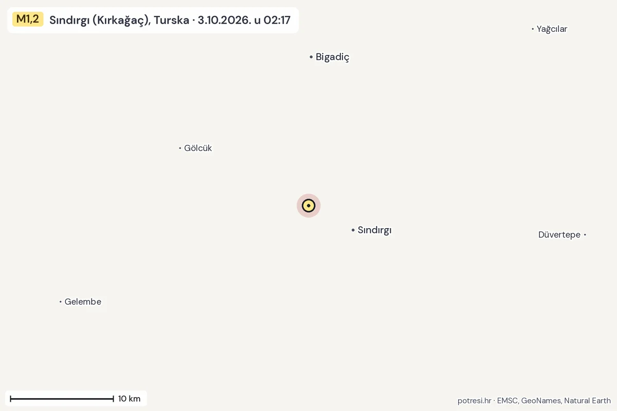 Karta: okolica epicentra, 60 km, potres M1,2, Sındırgı (Kırkağaç), Turska, 3.10.2026.
