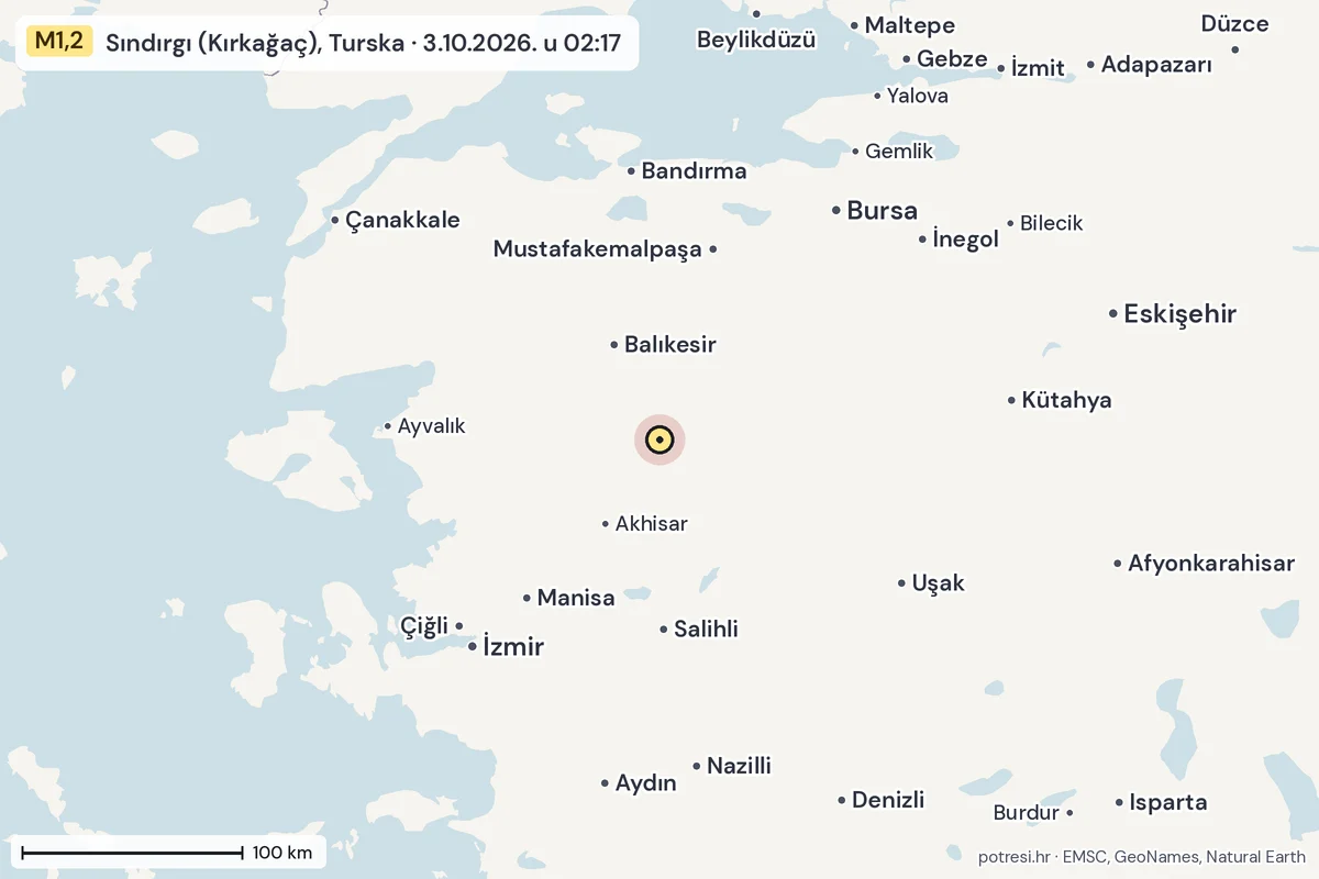 Karta: šire područje, 600 km, potres M1,2, Sındırgı (Kırkağaç), Turska, 3.10.2026.