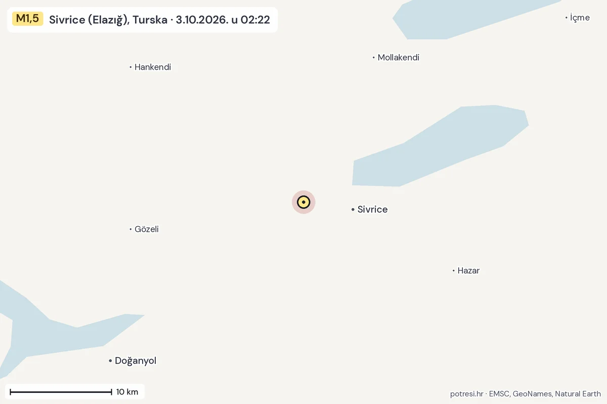 Karta: okolica epicentra, 60 km, potres M1,5, Sivrice (Elazığ), Turska, 3.10.2026.